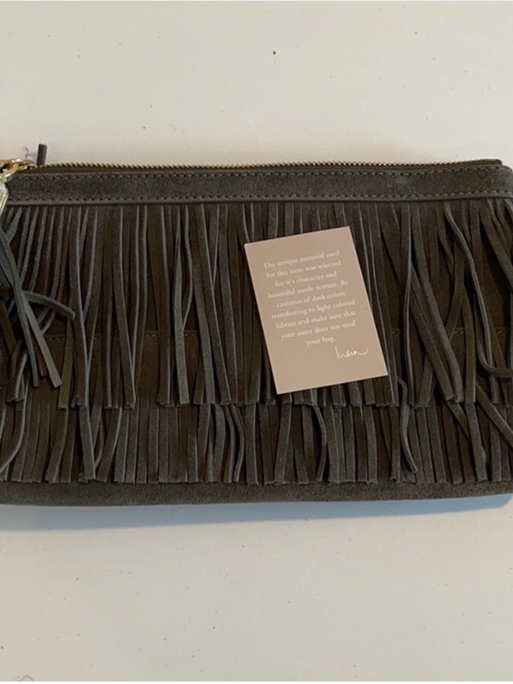 India Hicks Olive Green Fringe Suede Clutch